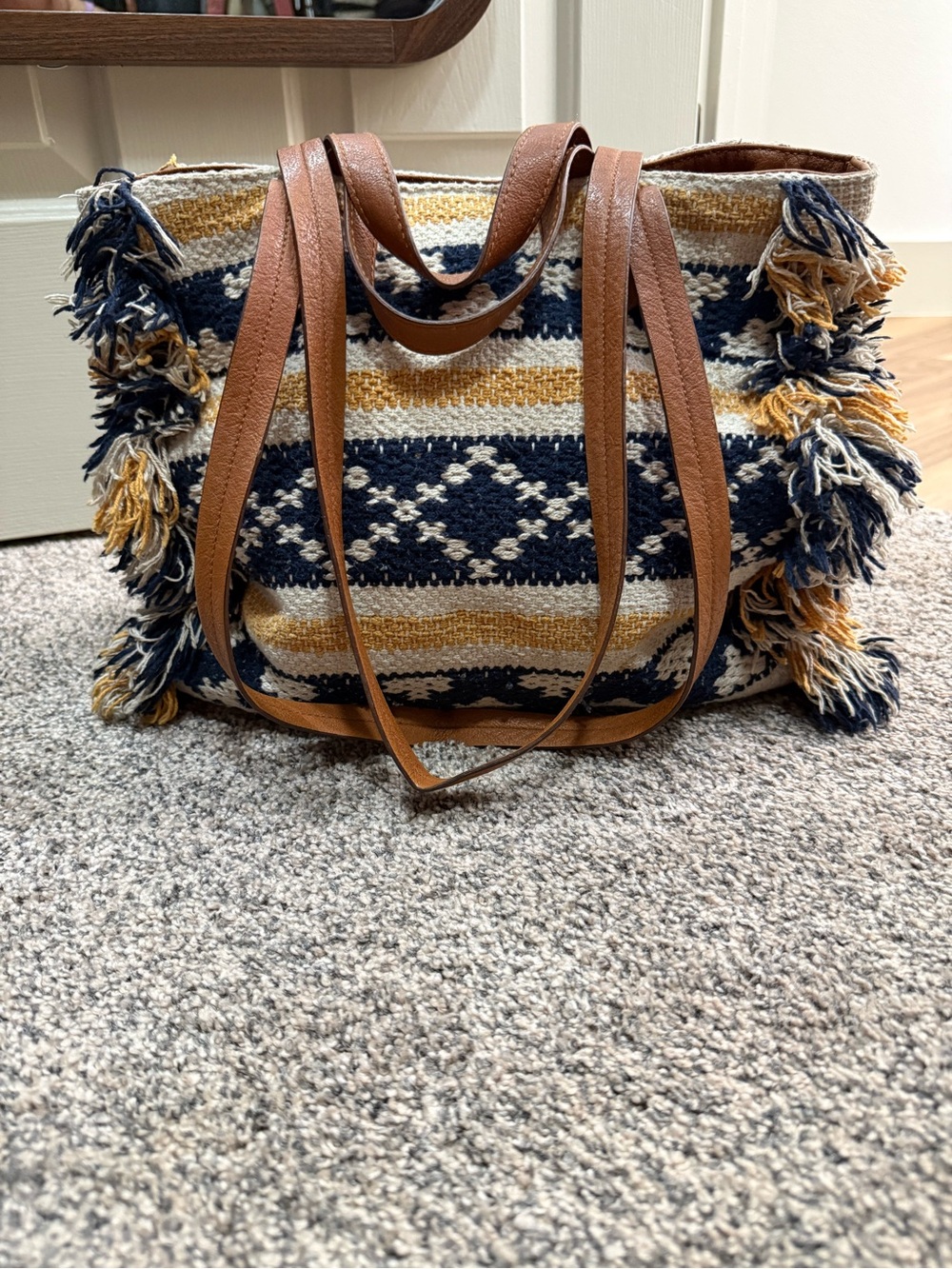 Universal Thread Navy, Tan & Cream Woven Fringe Tote